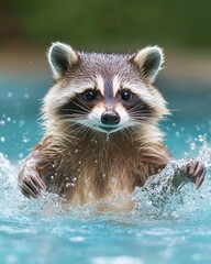 Fototapeta premium Excited Raccoon Splashing and Playing in a Pool Under Bright Summer Sunlight