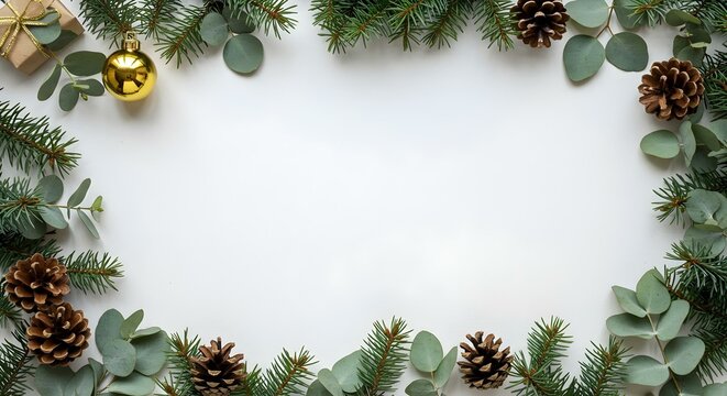 Una composici&oacute;n plana con ramas de pino, hojas de eucalipto, pi&ntilde;as y un adorno navide&ntilde;o dorado dispuesto alrededor de los bordes de una superficie blanca