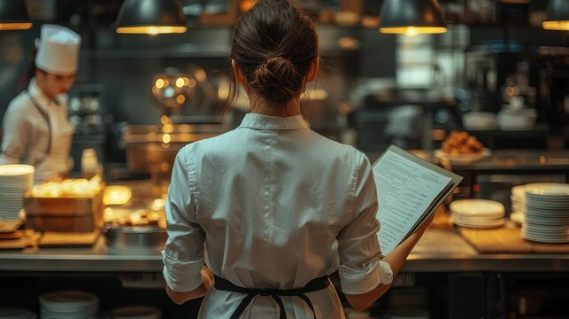 Restaurant kitchen manager reviewing orders, chef prepares food
