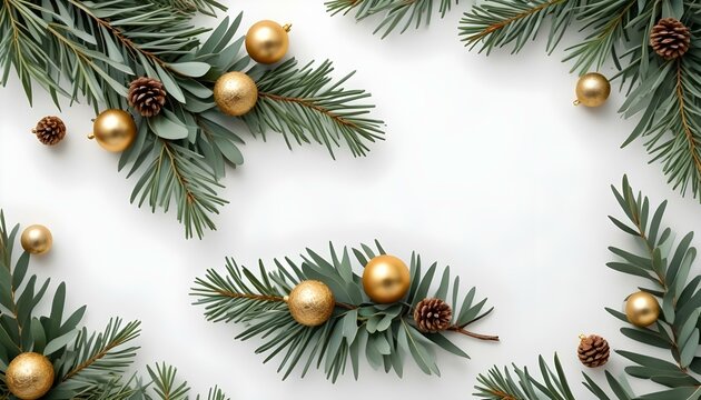 Una composici&oacute;n plana con ramas de pino, hojas de eucalipto, pi&ntilde;as y un adorno navide&ntilde;o dorado dispuesto alrededor de los bordes de una superficie blanca