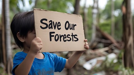A young child holding a cardboard sign that reads 'Save Our Forests,' advocating for environmental conservation amidst a lush backdrop.