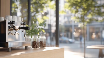 Coffee shop espresso machine, sunny city view