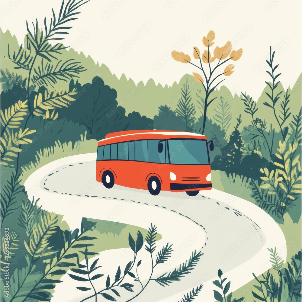 Poster colorful tour bus navigates a winding road surrounded by lush greenery and trees in a serene landsca