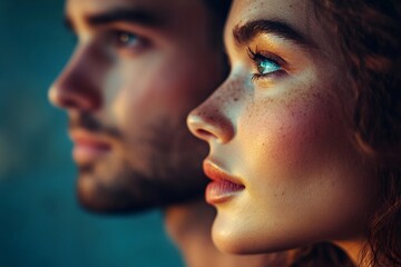 Couple with freckles looking towards the light in warm colors