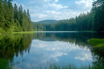 Obraz premium Pristine lake reflecting clouds and lush green forest