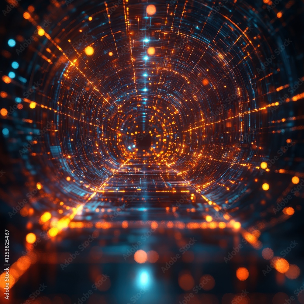 Poster futuristic concept of a digital tunnel with glowing particles and vibrant textures representing tech