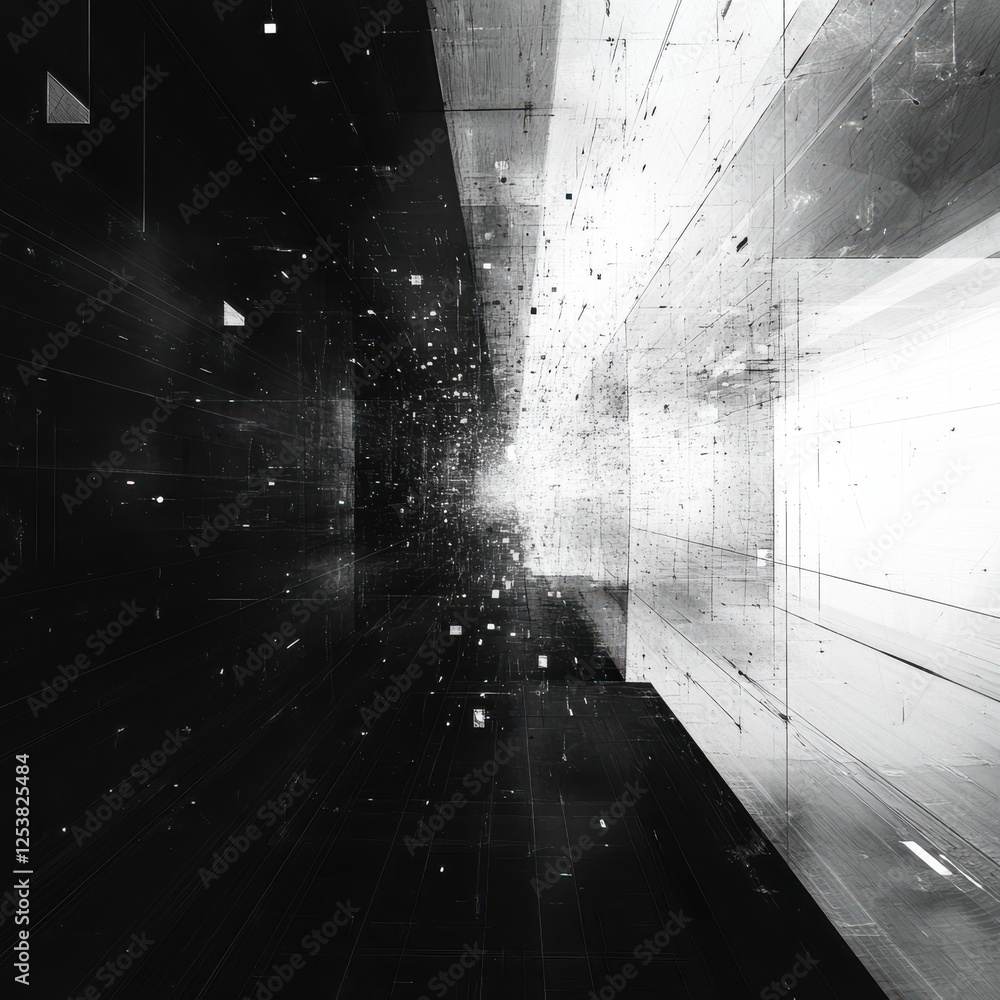 Poster abstract digital artwork featuring black and white textures emphasizing depth and dimension with dyn