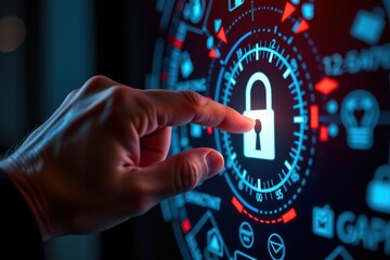 A high-tech digital padlock being unlocked by a fingerprint, set against a futuristic technology-themed background. The glowing biometric scanner highlights advanced security