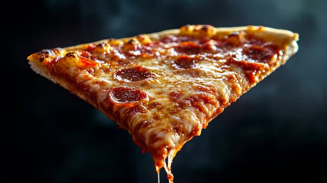 Hot pepperoni pizza slice with melted cheese and steam