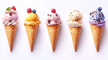 Variety of colorful ice cream scoops with berries and chocolate chips, served in crispy waffle cones, creating a delightful summer treat