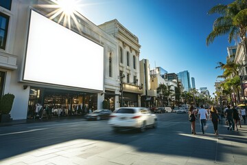 Mock up of an empty billboard on a busy shopping street during a sunny day