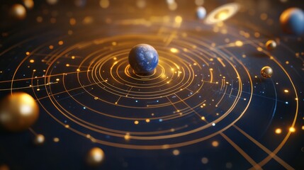 Obraz premium A 3D graphical birth chart showing the planets orbiting the zodiac circle, with energy lines connecting each house.