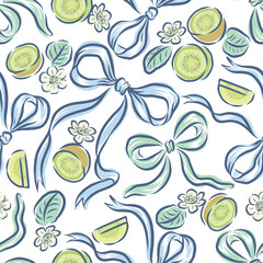 Seamless pattern of Kiwi fruit and ribbons for textile, wallpaper and so on. You can change ribbon and background color from the EPS file.