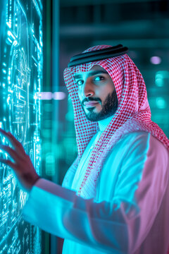 Saudi man in traditional saudi thaub in futuristic office with hologram technology