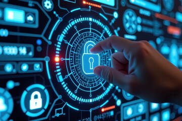 A high-tech digital padlock being unlocked by a fingerprint, set against a futuristic technology-themed background. The glowing biometric scanner highlights advanced security