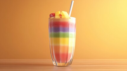 A 3D single icon of a layered smoothie with different fruit flavors, served in a tall glass with a straw, highlighting the vibrant colors of each layer