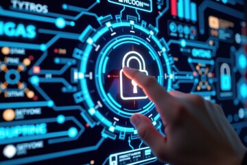 A high-tech digital padlock being unlocked by a fingerprint, set against a futuristic technology-themed background. The glowing biometric scanner highlights advanced security