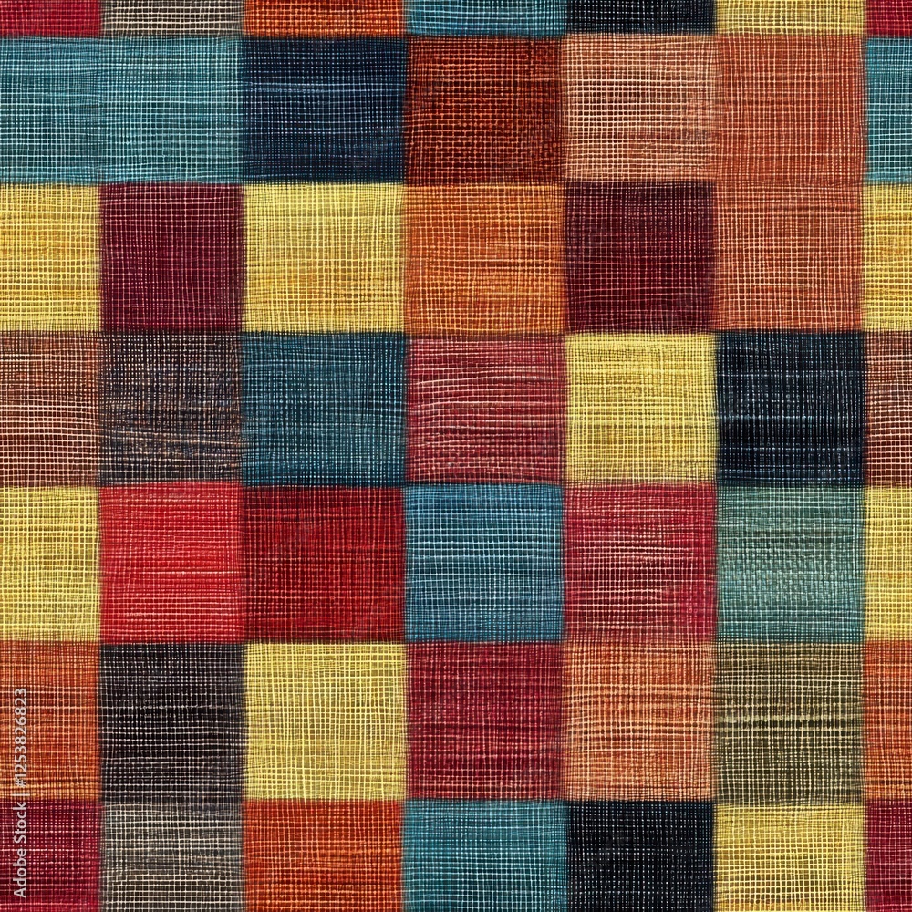 Poster colorful textile patterns with mixed squares in vibrant hues ideal for backgrounds and artistic proj