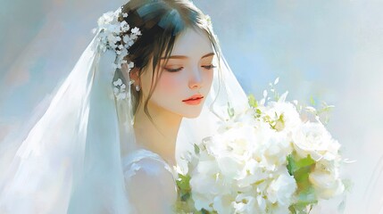 Obraz premium Serene bride with eyes closed, holding white flowers, wearing veil and hairpiece.