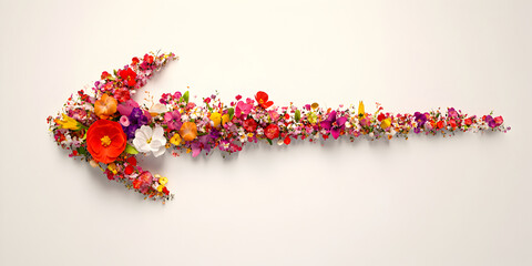 Left-Pointing Floral Arrow Made of Multicolored Flowers and Greenery on a Light Background for a Natural Design Concept