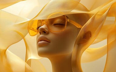 Serene woman with amber sunglasses and flowing fabric.