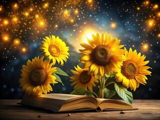 Dark sunflowers, books, and starlight illuminate a quiet, nocturnal reading session.