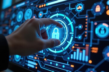 A high-tech digital padlock being unlocked by a fingerprint, set against a futuristic technology-themed background. The glowing biometric scanner highlights advanced security