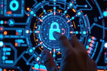 A high-tech digital padlock being unlocked by a fingerprint, set against a futuristic technology-themed background. The glowing biometric scanner highlights advanced security