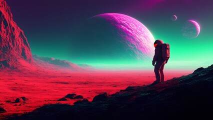 Fototapeta premium An astronaut stands on a rocky Martian surface, looking at colorful planets in the sky during twilight. The surreal scene features vivid reds, greens, and blues.