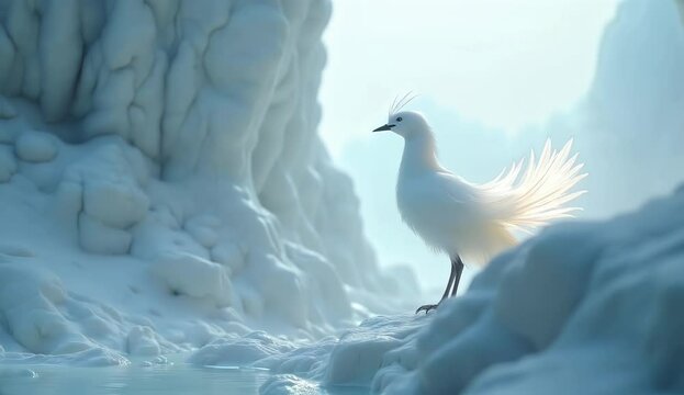 White bird on icy snowy background. Bird on frozen water, peaceful nature scene. Concept for winter holidays or christmas background with copy space for your text