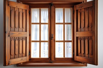 Open wooden window with shutters and sheer curtains, view of street