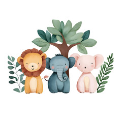 Cute Cartoon Animals in Forest with Tree and Green Leaves