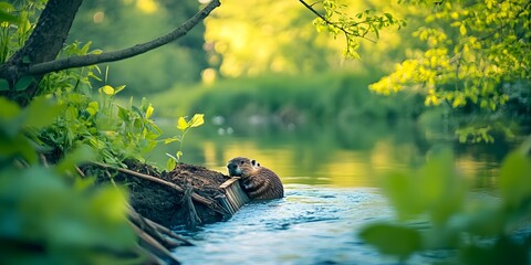 A serene summer frame of blurred green foliage with a beaver constructing a dam in a tranquil stream.