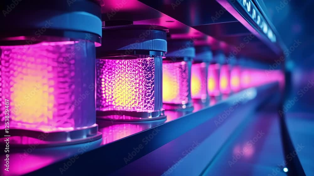 Poster close up view of quantum computing processors radiating pink light, emphasizing cutting edge technol
