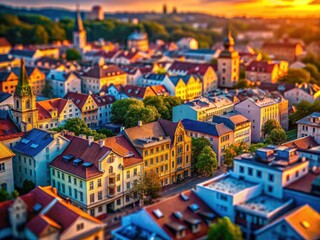 Obraz premium Detailed diecast city model, photographed from above at dawn, presents a charming tilt-shift miniature cityscape.
