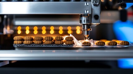 Automated cookie production line showcasing precision baking with warm, golden cookies on trays