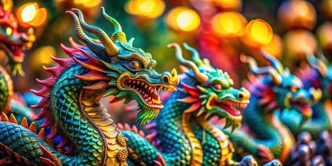 Fototapeta premium Detailed dragon figurines, artistic fantasy sculptures, representing mythical creatures with meticulous designs.