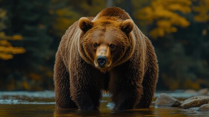 Fototapeta premium Large brown bear standing in shallow water.