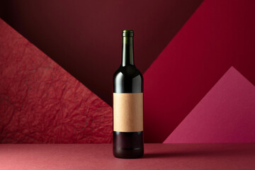 Bottle of red wine on a red background.
