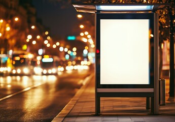 Mock up of an empty advertising display at a city bus stop during the nighttime