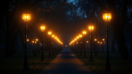 Enchanted Night Walk: Illuminated Path Through Misty Park