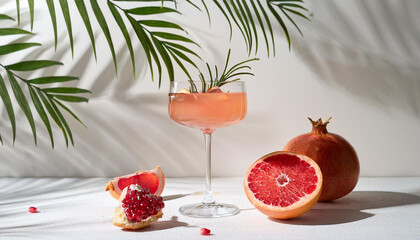 aesthetic composition with alcoholic cocktail with flora on white heritage pomegranate fizz in minimum style grapefruit sour with gin alcoholic beverage in stylish fashion with palm shadows