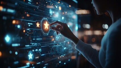 A business professional clicking on a glowing five-star rating on a transparent digital interface