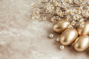 Artistic Easter background with golden eggs, pearl accents, and delicate flowers