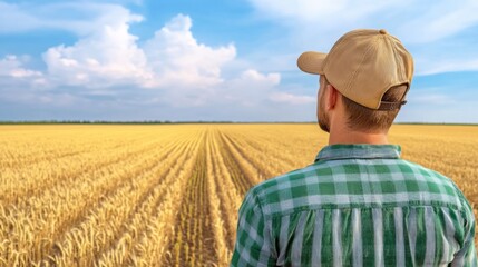 A farmer tending to his field in rural Canada, golden wheat fields stretching endlessly
