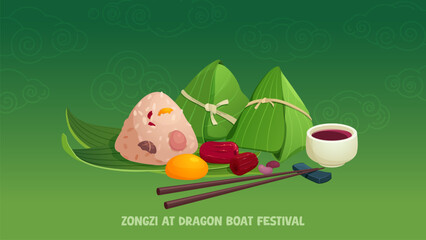 Zongzi is a traditional Chinese food made from sticky rice with various fillings, wrapped in bamboo leaves. Vector illustration
