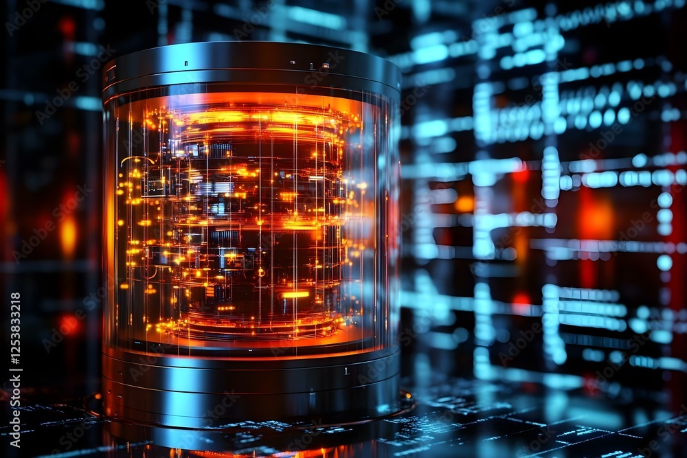 Poster a futuristic, glowing data storage unit surrounded by a digital, high-tech environment with intricat