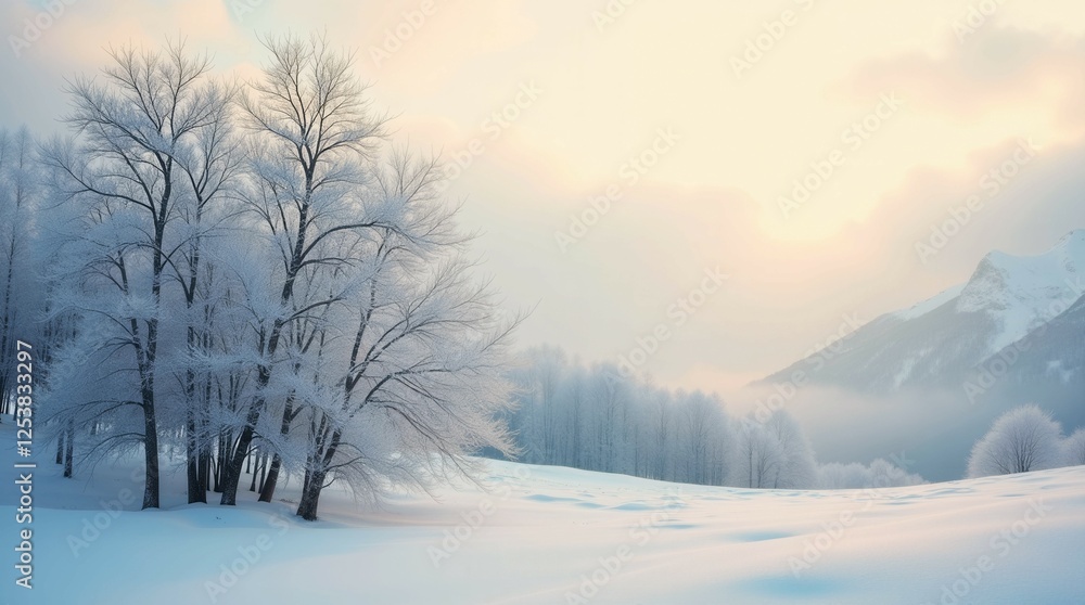 Poster a snowy field with a few trees in the foreground. the sky is cloudy and the sun is setting