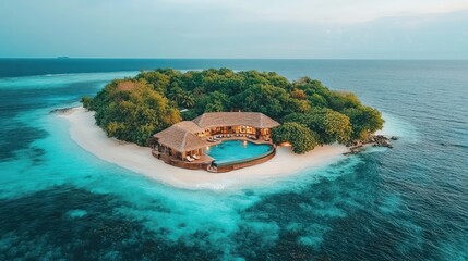 Luxurious private island resort with heart-shaped pool.