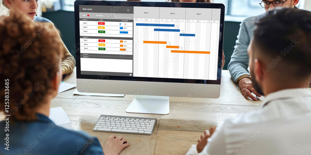 Poster project planning software for brisk business project management on the computer screen showing timel